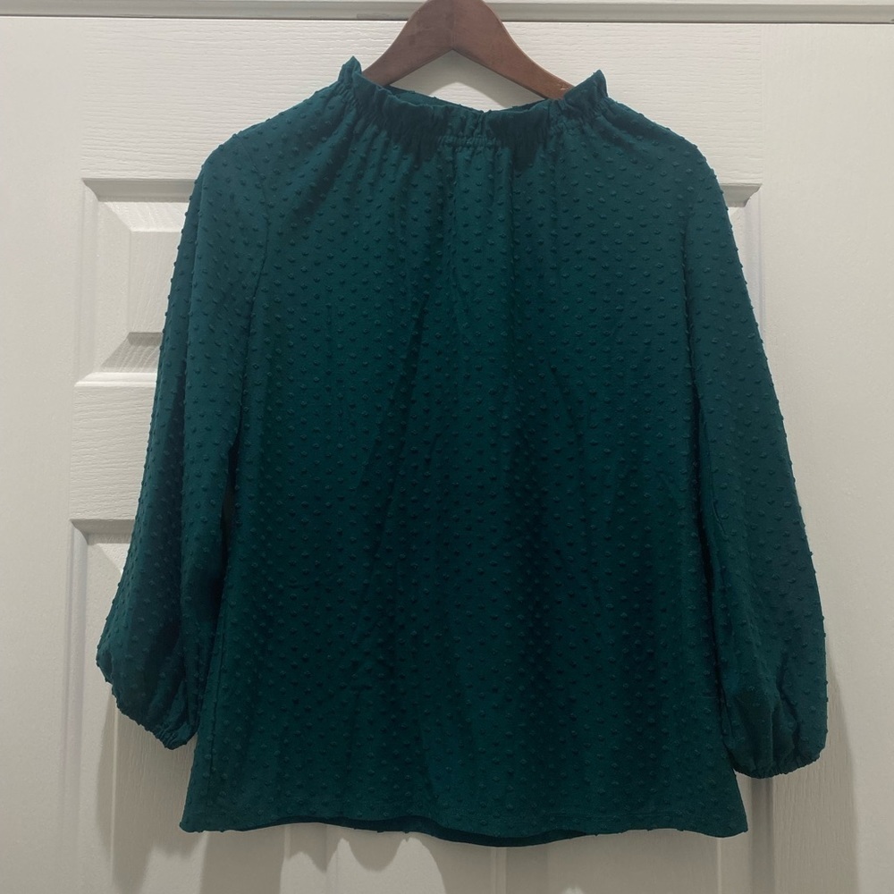 Adrianna Papell Emerald Green Swiss Dot 3/4 Sleeve Blouse, S - Picture 2 of 7